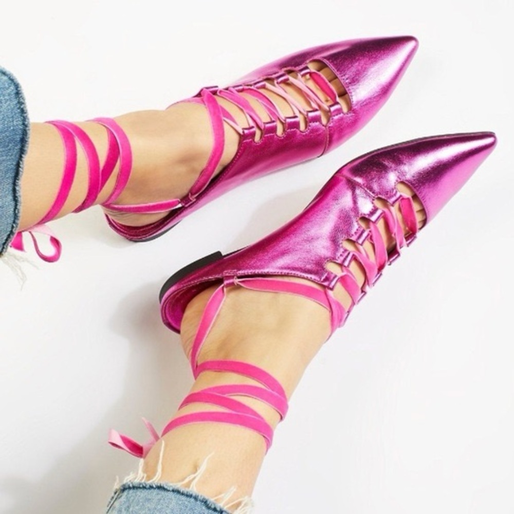 Free People Silent D Charly Lace Up Flats size 38 Fuchsia Metallic Leather New